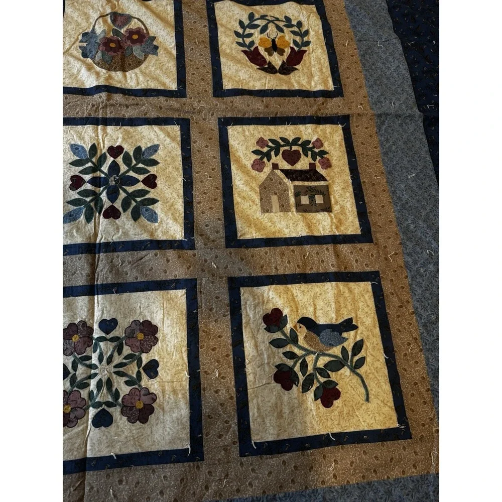 Vintage Handmade Applique Folk Art Quilt King Queen 106x89‎ Floral Country Home